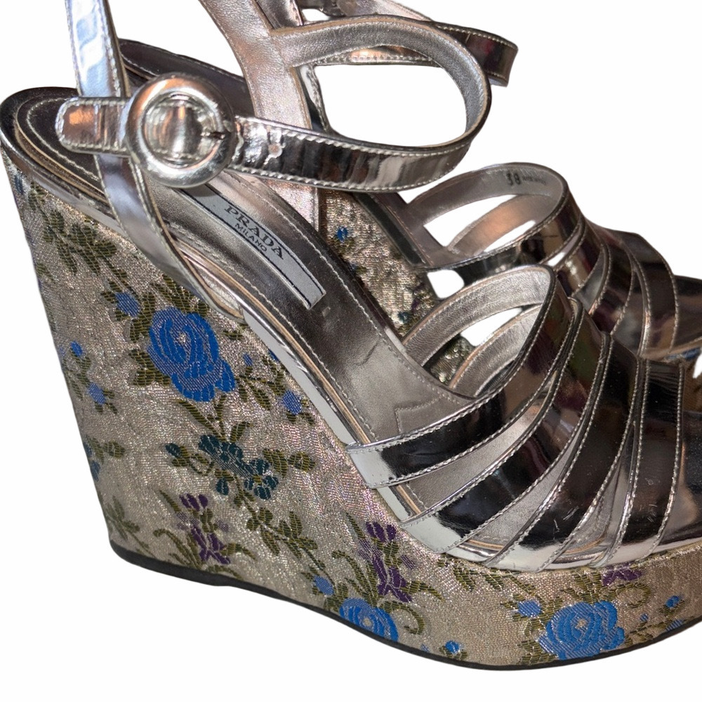 Prada Metallic Silver Jacquard Wedge Sandals | EUC | Sz 38 / 8US - Picture 4 of 7